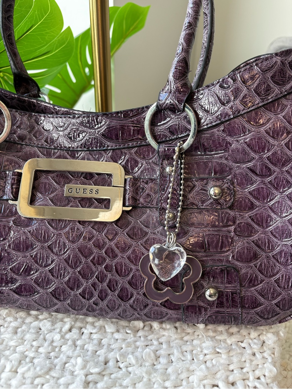 Vintage Y2K GUESS Purple Plum Croc Satchel Shoulder Bag Large G Charm Rare 2000s - Picture 2 of 14